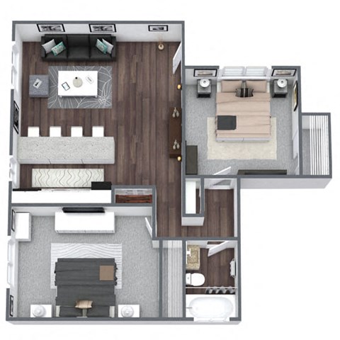 Floor plan for 2 beds, 1 bath, 950 sqft