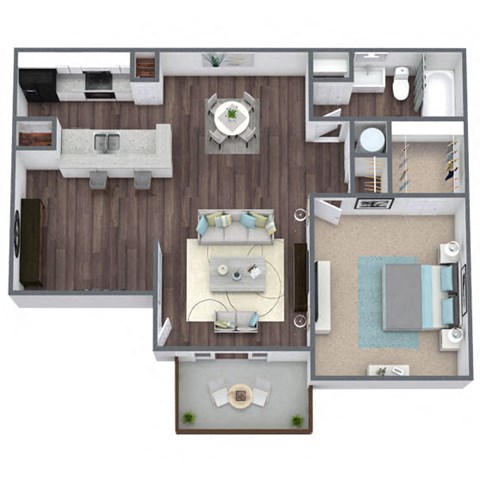 Floor plan for 1 bed, 1 bath, 726 sqft