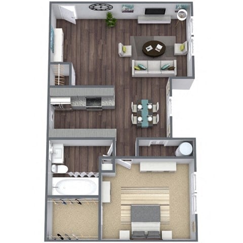 Floor plan for 1 bed, 1 bath, 688 sqft