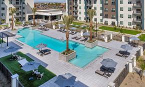 Glendale apartment for rent - Modern Apartments for Rent in Westgate, AZ - Glen 91 - A Swimming Pool Features Palm Trees, Lounge Chairs With Umbrellas, Paver Decking, And Modern Apartment Buildings.