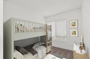 Santa Ana apartment for rent - Pet-Friendly Apartments in Santa Ana, CA - Horizon - A Bright Kids Bedroom With A Wooden Bunk Bed, Neutral Bedding, A Window With White Blinds, And A Small Desk.