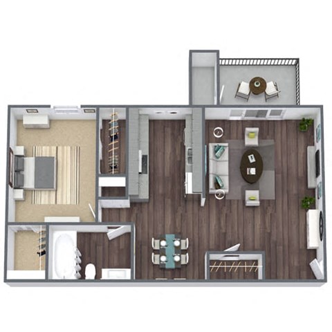 Floor plan for 1 bed, 1 bath, 750 sqft