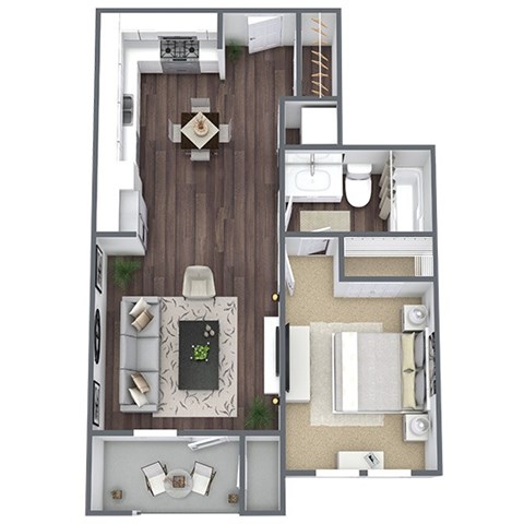 Floor plan for 1 bed, 1 bath, 667 sqft