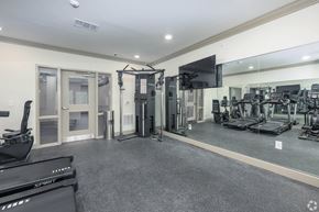 Conyers apartment for rent - A spacious gym with a variety of equipment including treadmills, weights, and a television.