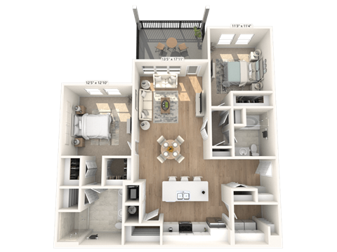 Floor plan for 2 beds, 2 baths, 1329 sqft