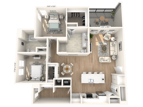 Floor plan for 2 beds, 2 baths, 1365 sqft