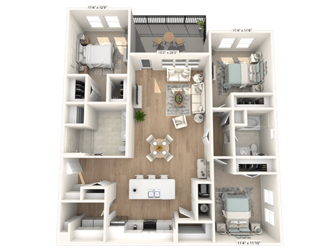 Floor plan for 3 beds, 2 baths, 1532 sqft