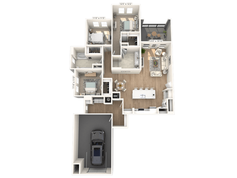 Floor plan for 3 beds, 2 baths, 1977 sqft