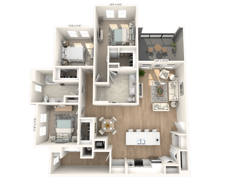 Floor plan for 3 beds, 2 baths, 1629 sqft