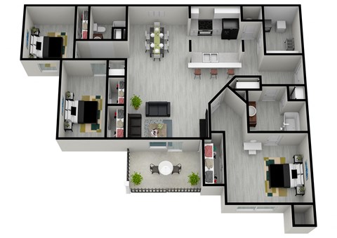 Floor plan for 3 beds, 2 baths, 1202 sqft