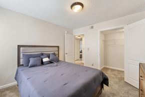 Montgomery apartment for rent - A bedroom with a bed, dresser, and mirror.