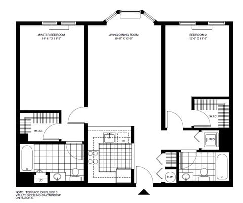 Floor plan for 2 beds, 2 baths, 1070 sqft