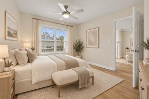 Fairfax apartment for rent - Bright bedroom with ceiling fan and ensuite bathroom at The Courts at Fair Oaks Apartments, Virginia