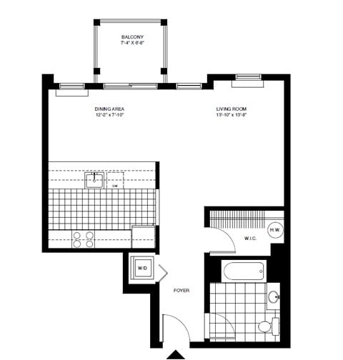 Floor plan for studio, 1 bath, 688 sqft