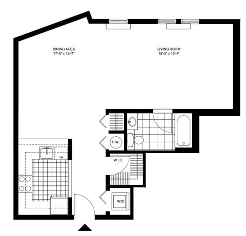 Floor plan for studio, 1 bath, 747 sqft
