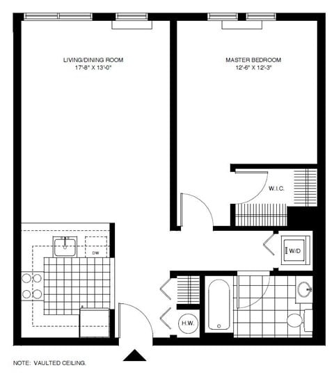 Floor plan for 1 bed, 1 bath, 760 sqft