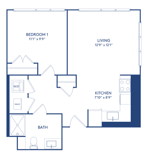 Floor plan for 1 bed, 1 bath, 590 sqft