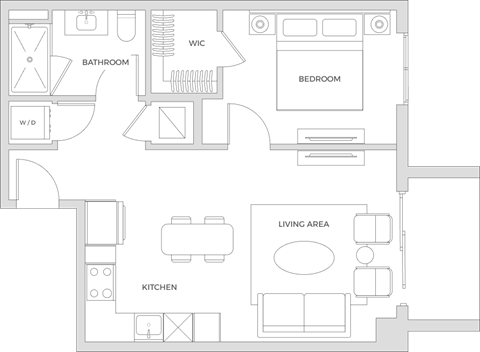 Floor plan for 1 bed, 1 bath, 621 sqft