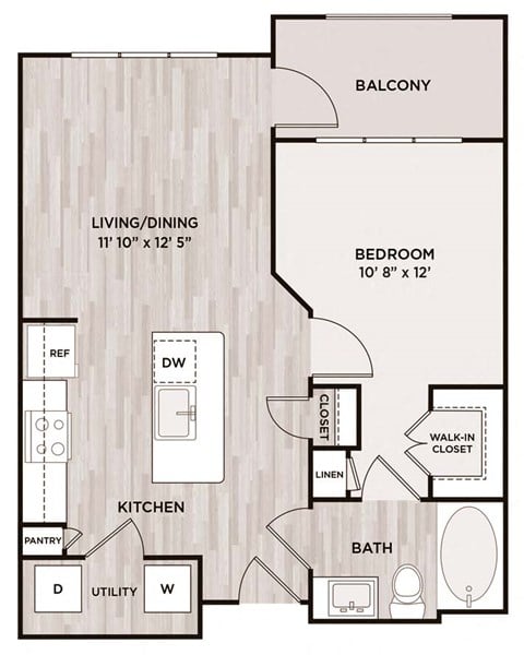 Floor plan for 1 bed, 1 bath, 626 sqft