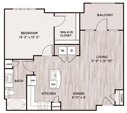 Floor plan for 1 bed, 1 bath, 839 sqft