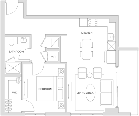 Floor plan for 1 bed, 1 bath, 710 sqft