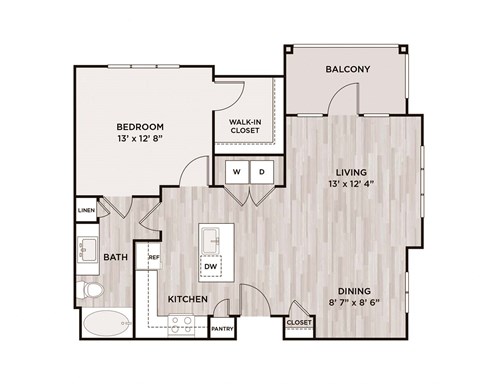 Floor plan for 1 bed, 1 bath, 841 sqft