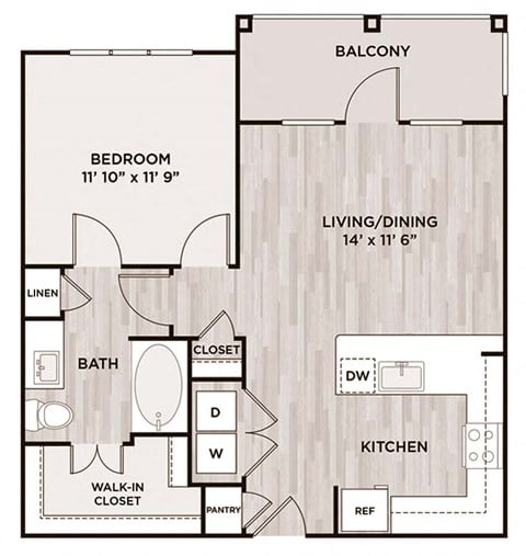 Floor plan for 1 bed, 1 bath, 723 sqft