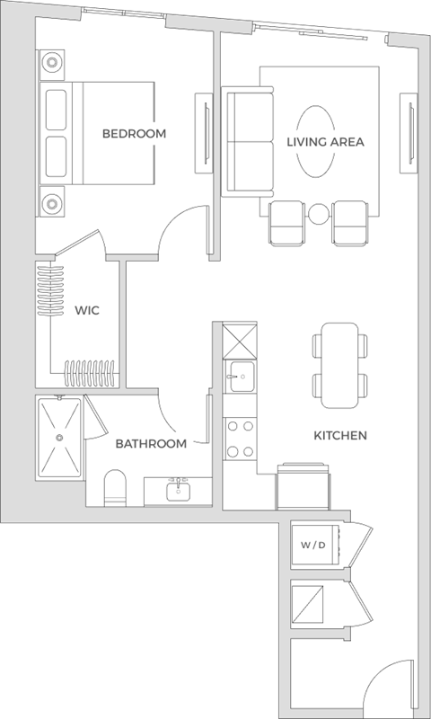 Floor plan for 1 bed, 1 bath, 801 sqft