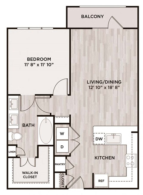 Floor plan for 1 bed, 1 bath, 769 sqft