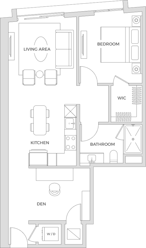 Floor plan for 1 bed, 1 bath, 829 sqft