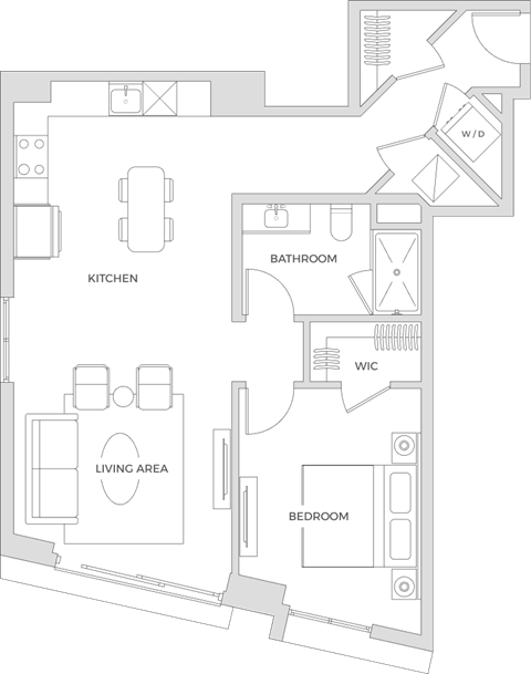 Floor plan for 1 bed, 1 bath, 845 sqft