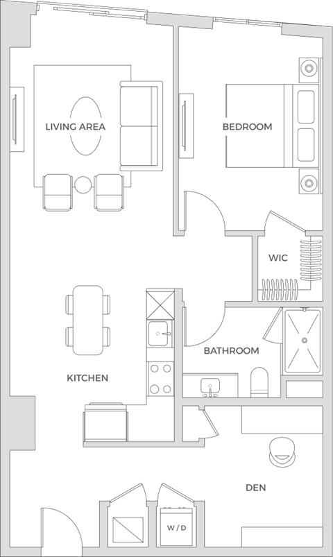 Floor plan for 1 bed, 1 bath, 915 sqft