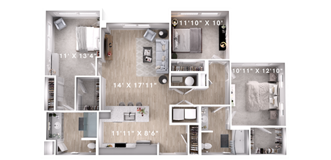 Floor plan for 3 beds, 2 baths, 1285 sqft