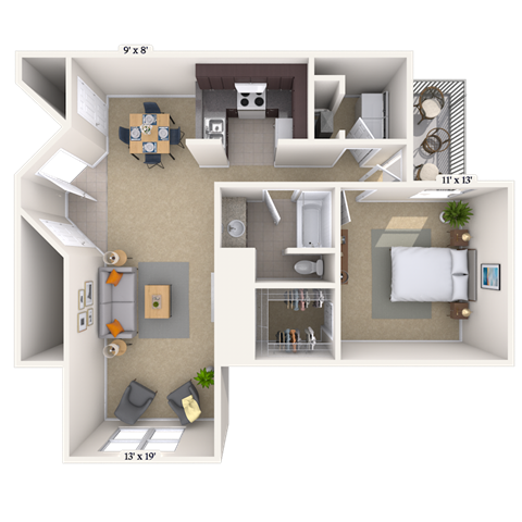 Floor plan for 1 bed, 1 bath, 1000 sqft