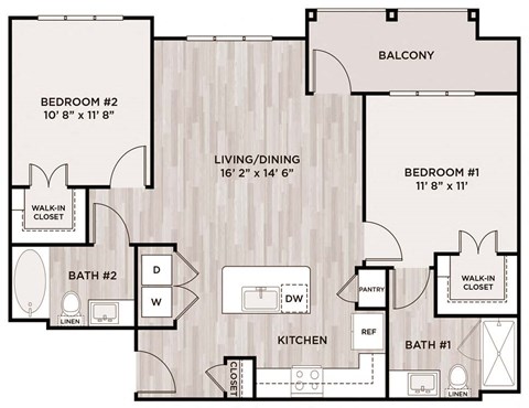 Floor plan for 2 beds, 2 baths, 986 sqft