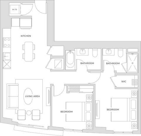 Floor plan for 2 beds, 2 baths, 939 sqft