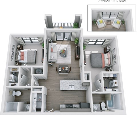 Floor plan for 2 beds, 2 baths, 953 sqft