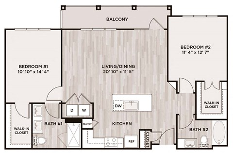 Floor plan for 2 beds, 2 baths, 1131 sqft