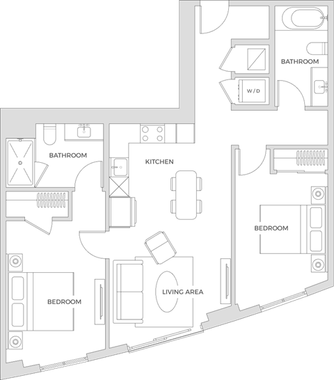 Floor plan for 2 beds, 2 baths, 961 sqft
