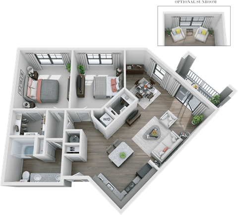 Floor plan for 2 beds, 1 bath, 1019 sqft