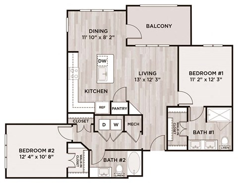 Floor plan for 2 beds, 2 baths, 1110 sqft