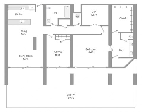 Floor plan for 2 beds, 2 baths, 1798 sqft