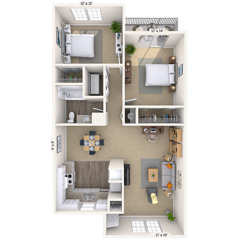 Floor plan for 2 beds, 1 bath, 950 sqft