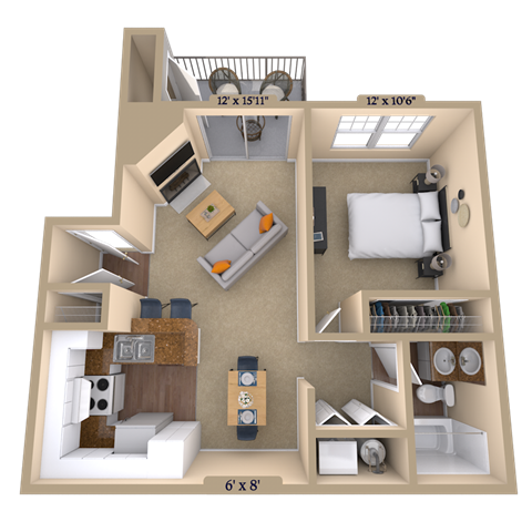 Floor plan for 1 bed, 1 bath, 685 sqft