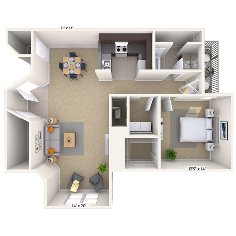 Floor plan for 1 bed, 1 bath, 1100 sqft