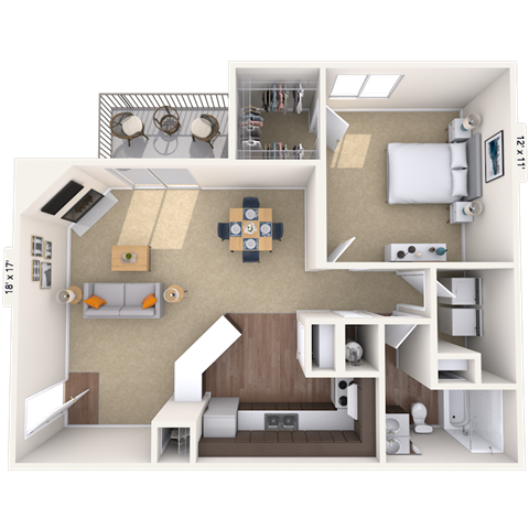 Floor plan for 1 bed, 1 bath, 700 sqft