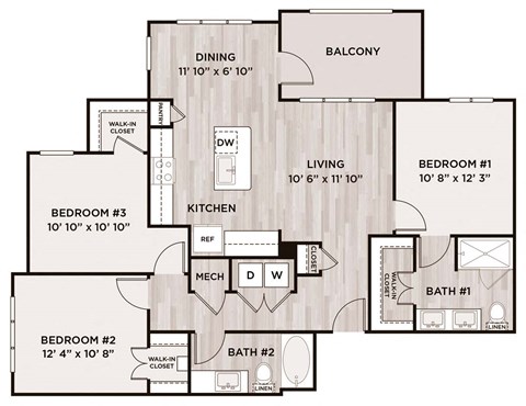 Floor plan for 3 beds, 2 baths, 1266 sqft