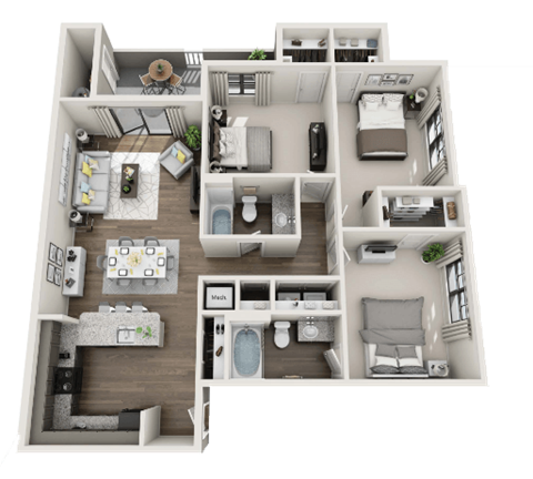 Floor plan for 3 beds, 2 baths, 1264 sqft