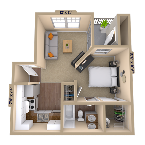 Floor plan for studio, 1 bath, 520 sqft