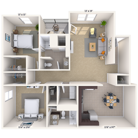 Floor plan for 2 beds, 2 baths, 1200 sqft